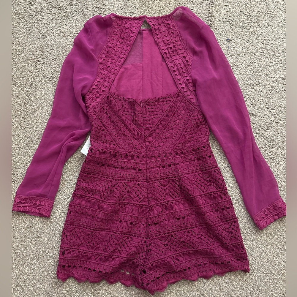 New Medium Adelyn Rae Purple Berry Lace Open Back Romper - Picture 3 of 16